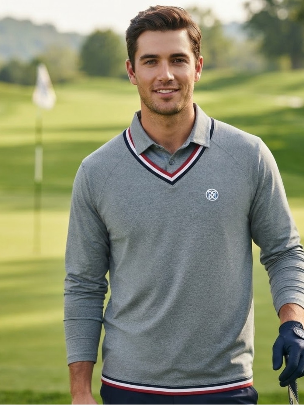 G/FORE Men’s V-Neck Golf Pullover Sweater – Heather Grey / Red / Navy (Size XL)